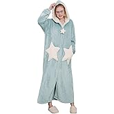 Hellomamma Womens Robe Hooded Zipper Flannel Bathrobes Housecoat Ladies Plush Fleece Warm Sleepwear Long Pajamas Nightgown