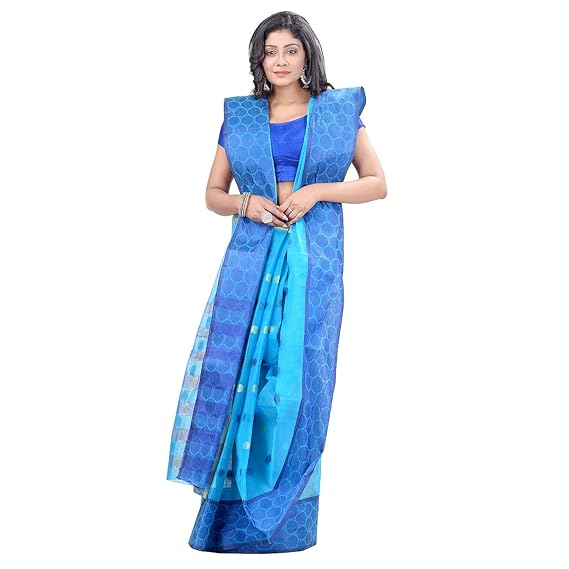 Women's Tant Cotton Saree (DBSARE030319WOBGJ1_Blue & Golden)