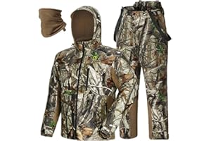 TIDEWE Hunting Clothes for Men with Face Mask, Silent Waterproof Hunting Jacket and Adjustable Bibs, Safety Strap Compatible