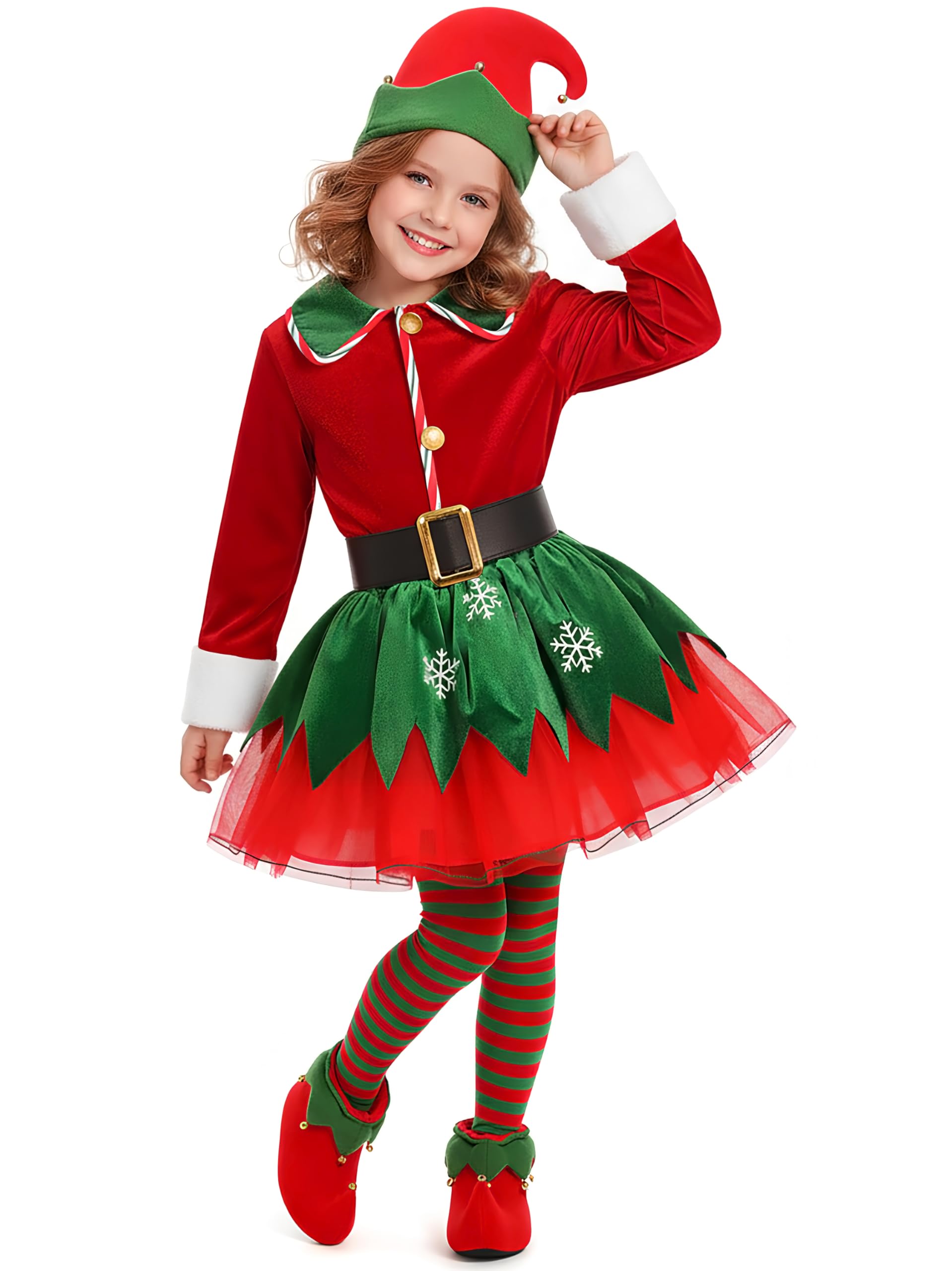 Photo 1 of Bordazor Girls Elf Costume Dress and Hat - Santa Helper Elf Costume for Girls (5-6 Years)