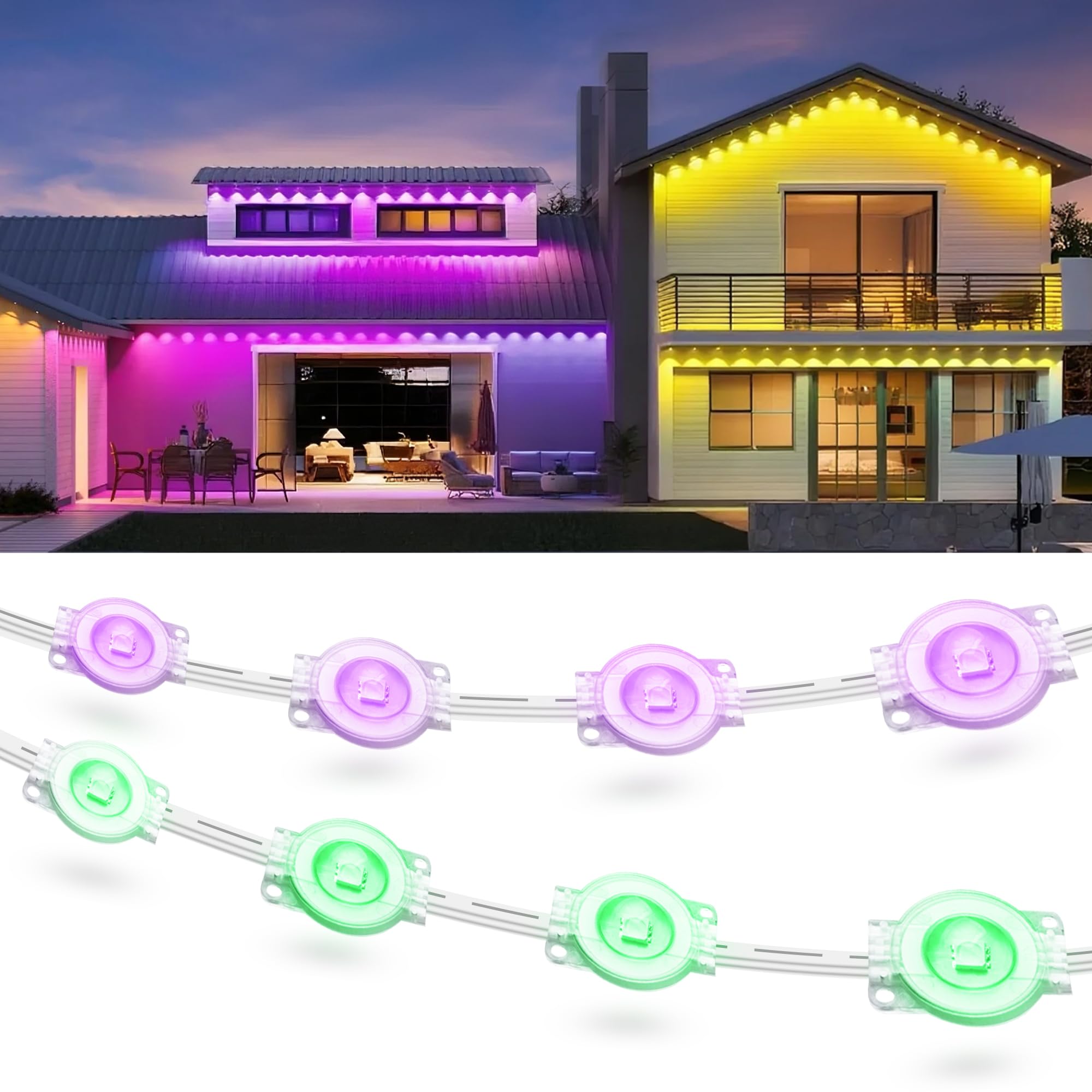 Photo 1 of Fussion 200ft Permanent Outdoor Lights for House, 2025 Smart RGB LED Outside Lights with APP Remote Control, IP67 Waterproof Eternity Eaves Lighting for Christmas, Halloween, Holiday, Party, Daily