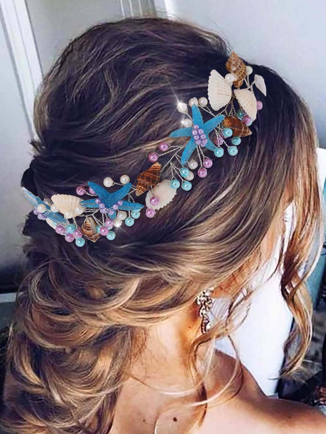 IYOU Starfish Bridal Hair Vine Blue Seashell Wedding Headband Pearl Bride Bridesmaid Hair Accessories for Women
