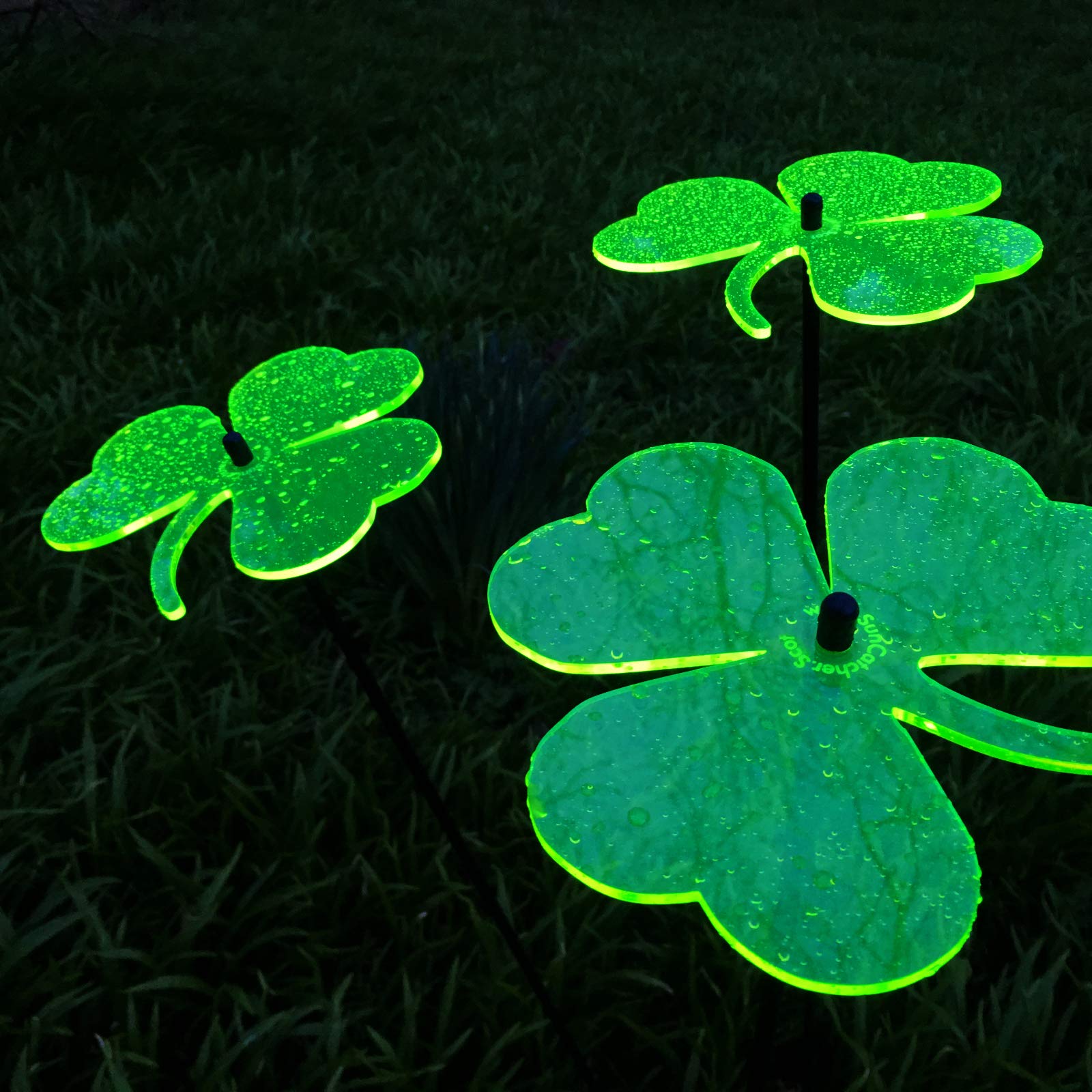 Glowing Shamrocks SunCatcher Garden Decor Set of 3 Large Lucky Clover Garden Stakes 75cm/29 inches high Outdoor Yard Accessory Gardener Gift, Colour:fluorescent Green