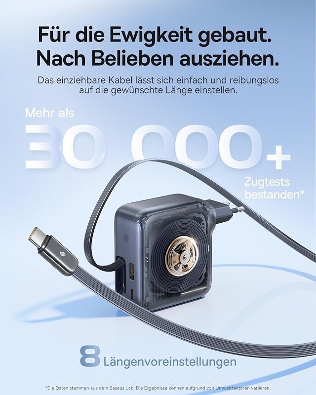 Enercore USB C Ladegerät 100W mit Ausziehbaren Kabel, 3 Ports GaN Netzteil, PD Schnellladegerät kompatibel mit MacBook Pro Air, Dell, HP, iPad, iPhone 17/16/15/14/13Pro Max Galaxy S25/24Ultra