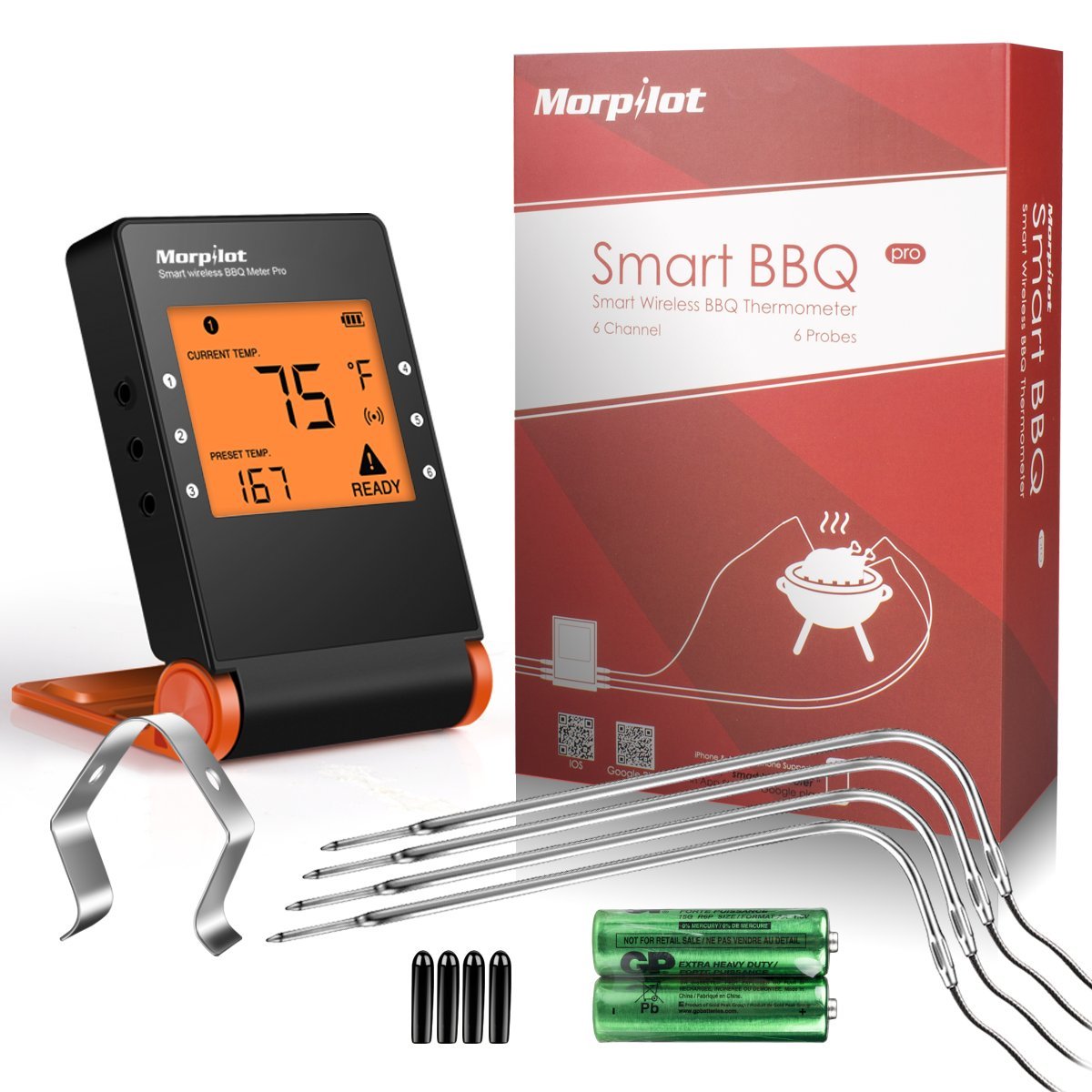 Grillthermometer mit, Morpilot Bratenthermometer Garten Digital Thermometer mit großem LCD-Display, 4 Edelstahl Temperaturfühlern, App für Grillen, Backen, Ofen Kochen Steak