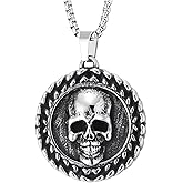 COOLSTEELANDBEYOND Gothic Skull Pendant Necklace for Men, Vintage Steel Medallion with Braided Edge, Biker Punk