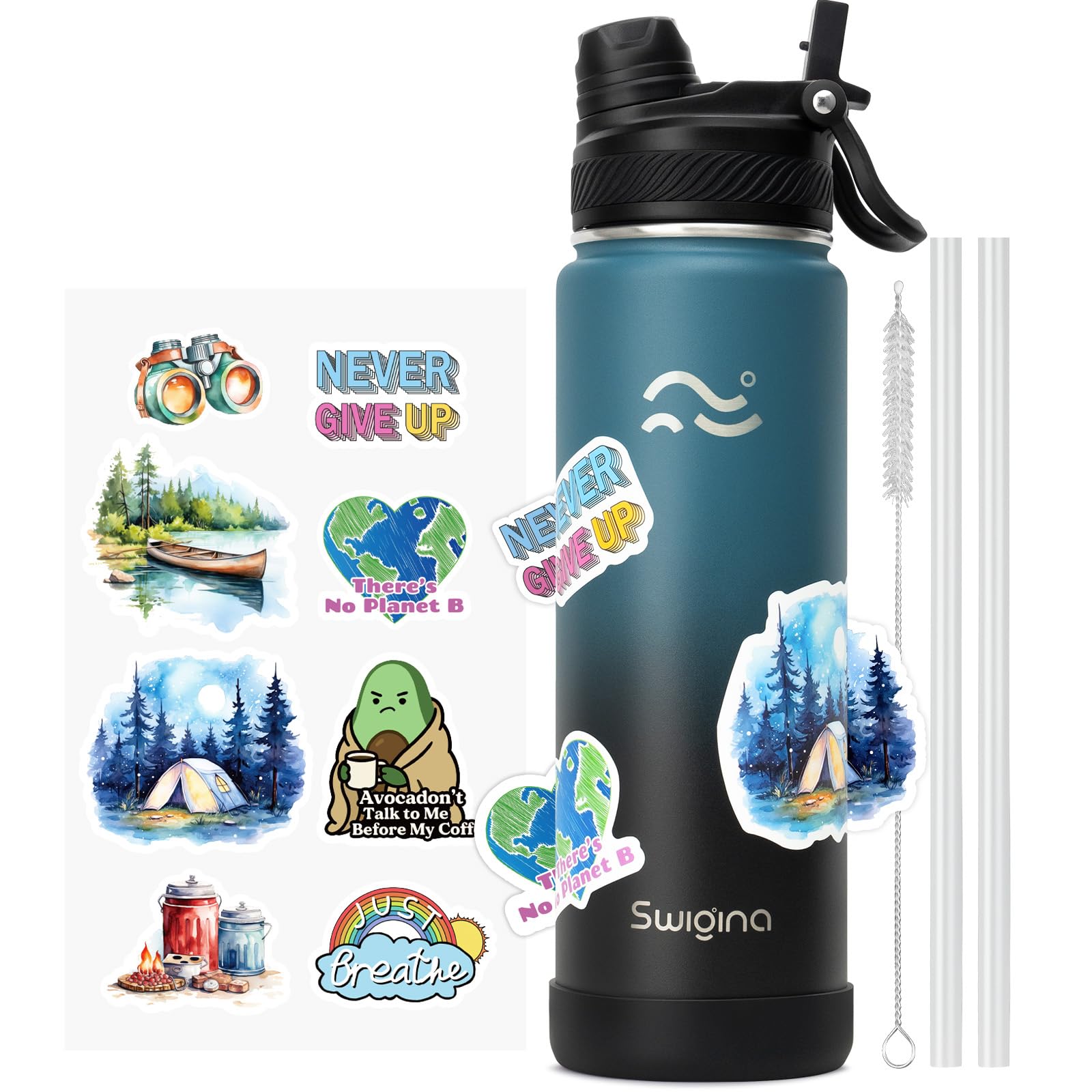 Photo 1 of (see all images) Swigina [2-IN-1 LID] Insulated Water Bottle with Silicone Boot (36hrs Cold/18hrs Hot) - DIY Stickers, Leakproof, BPA Free, 24 oz