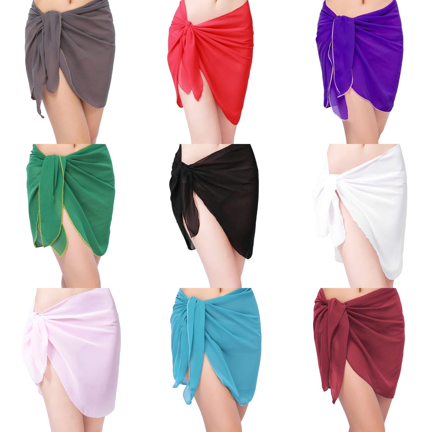 Women Beach Chiffon Sheer Short Sarong Wrap Bikini Cover Up Printed/Solid Color Mini Slit Skirt Swimwear Bathing Suit Black