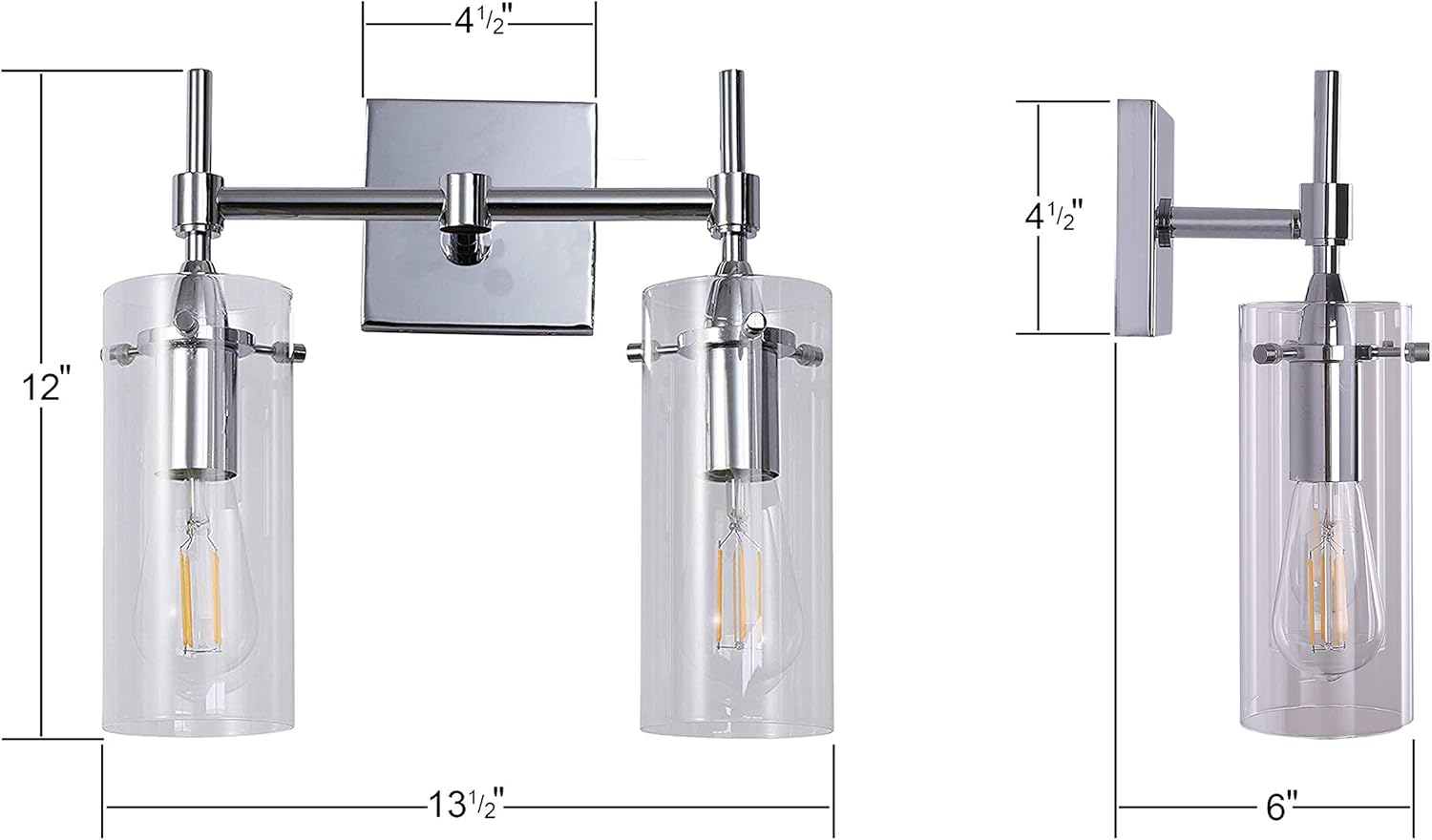 Effimero Chrome Bathroom Vanity 2 Light Fixture - Modern Over Mirror Lighting with Clear Glass Shades - - 