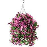 INQCMY Artificial Hanging Flowers in Basket for Spring Summer Outdoor Porch Decoration,UV Resistant Fake Silk Violet in Planter Realistic for Outside Home Patio Balcony Garden Yard Decor