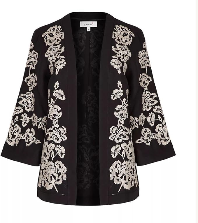 Marks and Spencer Per UNA Floral Black & White Embroidered Kimono Style