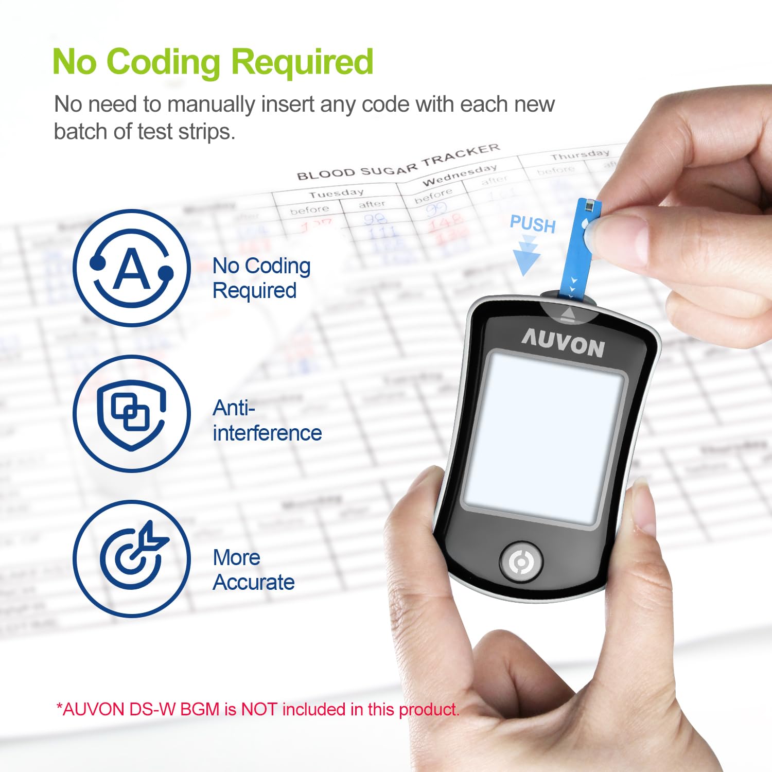 AUVON DS-W Draw-in Blood Glucose Test Strips for use with AUVON DS-W Diabetes Sugar Testing Meter (No Coding Required, 150 Count)