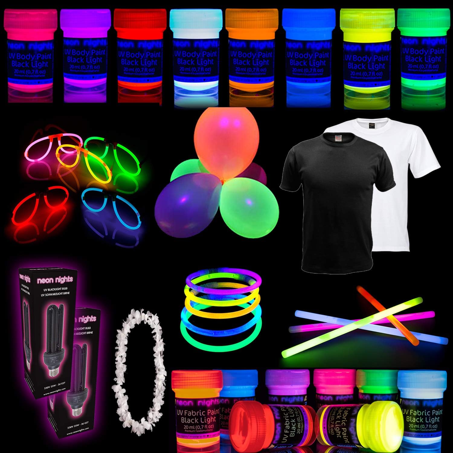 Party Set [XL] neon nights Fun-Pack 65 pieces with UV Body Paint + Fabric Glow Paints + Black Light Bulbs + T-Shirts + Brushes | Blacklight Decoration Box