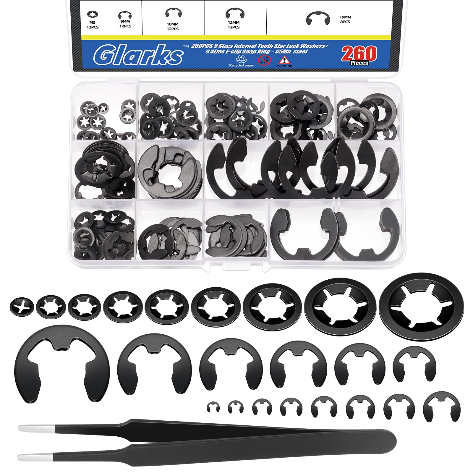 Glarks 261pcs 65Mn-Steel Internal Tooth Star Lock Washers and E-clip Retaining Rings Kit Includes 100pcs 9 Sizes Push on Locking Washers and 160pcs 14 Sizes E-Ring Circlip Rings and A Tweezer