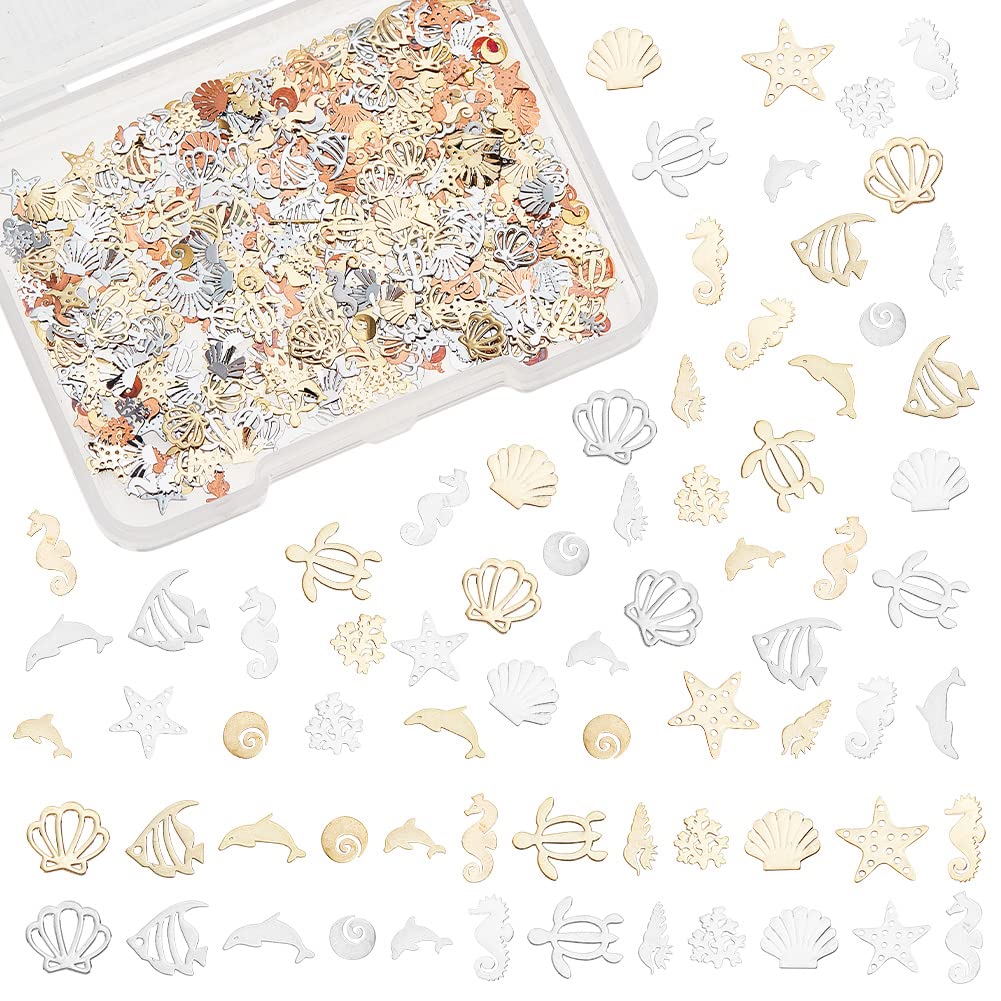 OLYCRAFT 720pcs 24 Styles Sea Theme Nail Art Decorations Brass Resin Fillers Shell Fish Dolphin Nail Art Accessories Mini Nail Art Charms for DIY Crafts Manicure Decorations - Gold/Silver&Rose Gold