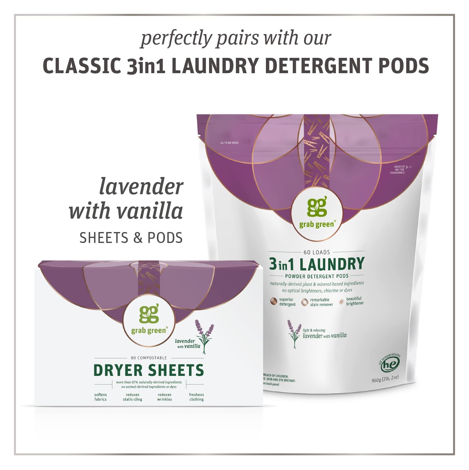 Grab Green Dryer Sheets, 160 Sheets, Lavender Vanilla Scent, Plant Based, Softens Fabrics, Reduces Static Cling and Wrinkles
