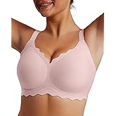 LUXMAY Womens Scalloped Full Coverage Wireless Seamless Comfort Bra Push Up Padded Smoothing T-Shirt Bralettes Pink L