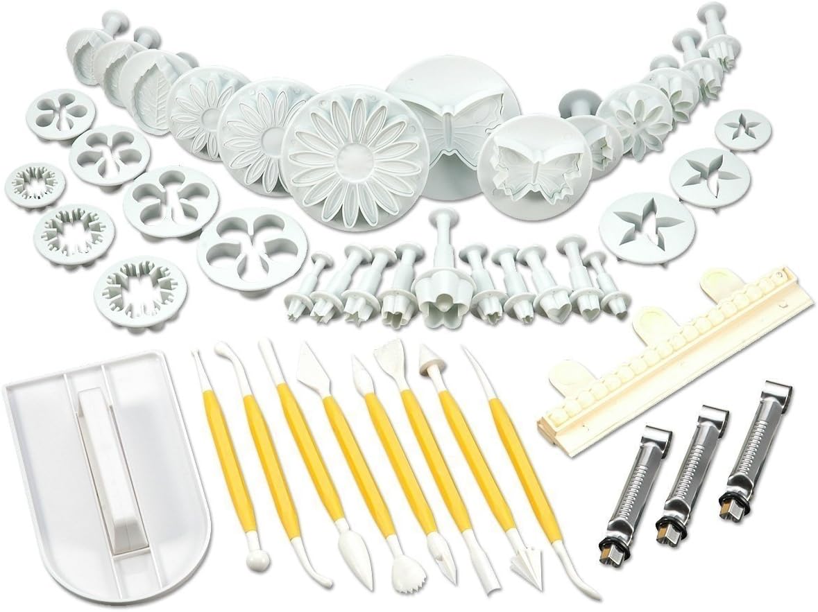 Rivenbert 47 pcs cookie cutter ejector punch + Modelling + smoother + border decoration fondant marzipan Gateau