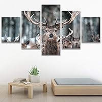 SIGNWIN 5 Panel Canvas Wall Art Modern Art Animals Dramatic Giraffe Lion Multicolor Photography Southwest for Home Decorations Ready to Hang - 60