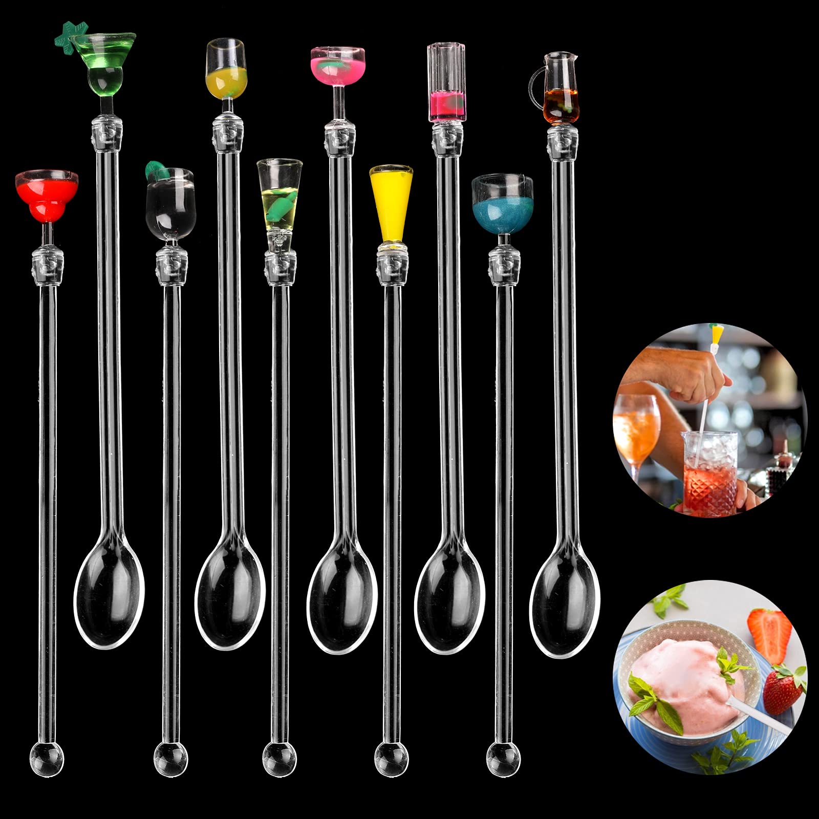 10 Pcs Cocktail Stirrers,Acrylic Drink Stirrers and Cocktail Mixing Spoons,Reusable Cocktail Stirrers Swizzle Sticks with Wine Glass Patterns,Tropical Styles Gin Stirrers for Drinks Tea Coffee Party