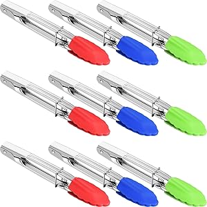 Mudder 9 Pieces Mini Serving Tongs 7 Inch Small Tiny Tongs Silicone Kitchen Food Metal Tongs for Salad Grilling Cooking (Red, Green, Blue)