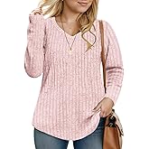 Plus-Size-V-Neck-Womens-Tops Dressy Long Sleeve T Shirts Trendy Lightweight Knit Sweaters Casual Loose Pullover Tunic