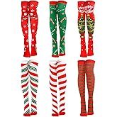 BOARDFEB 6 Pairs Christmas Thigh High Stockings for Women Striped over Knee High Socks Xmas Elf Tight High Stocking Christmas Socks for Christmas Women Costume