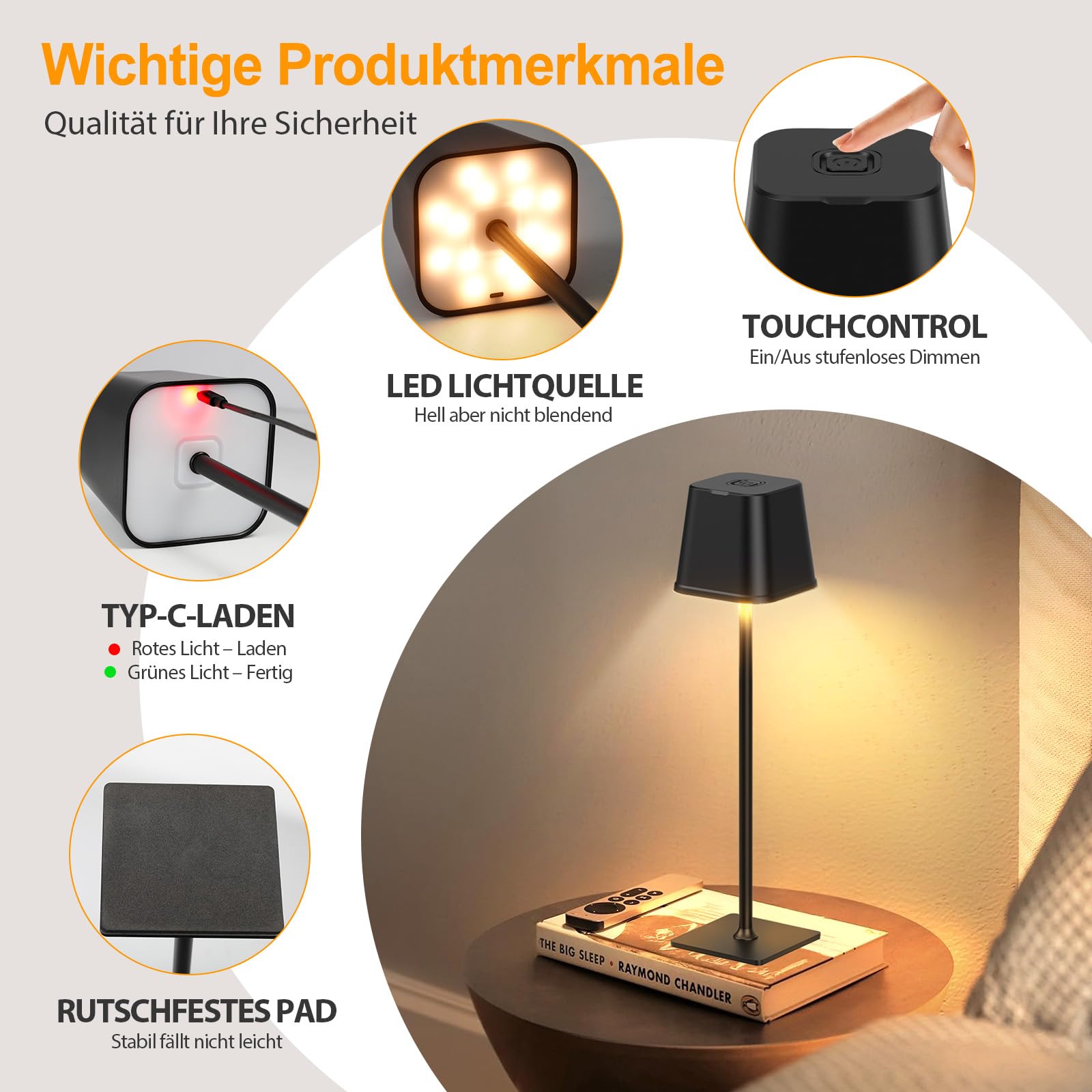 RECHOO LED Tischlampe Kabellos 2 Stück , Dimmbare Nachttischlampe Touch, Schreibtischlampe, Lese Lampe, Tischleuchte Outdoor und Indoor, USB-C, Camping Lampe, Warmweißes Licht 5