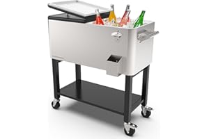 Permasteel 80-Qt Outdoor Patio Cooler with Removable Basin, Outside Beverage Cooler Cart, Rolling Cooler with Wheels and Handles, Stainless Steel