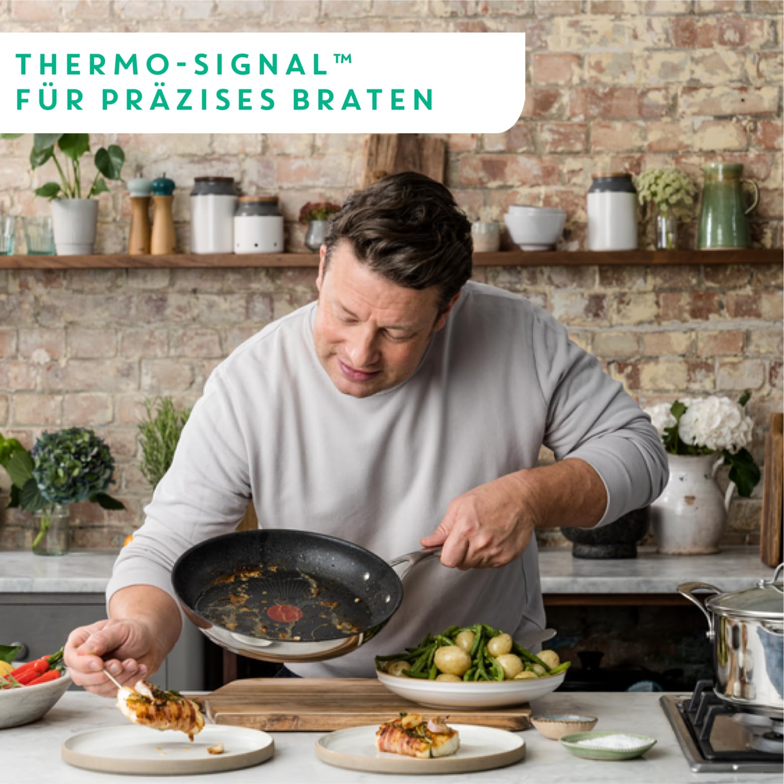 Tefal Jamie Oliver Cook's Direct On Bratpfanne 28 cm, Edelstahlpfanne Induktion, Titanium-Antihaftbeschichtung, Thermo-Signal, backofenfest, Edelstahl, genieteter Griff, E3040644 4