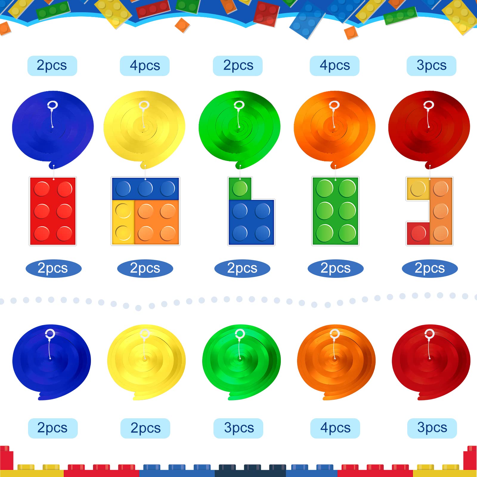 30 Pcs Building Blocks Party Favors Hanging Swirl Decoration Set with Single Double Hanging Swirl for Building Block Theme Birthday Ceiling Decor