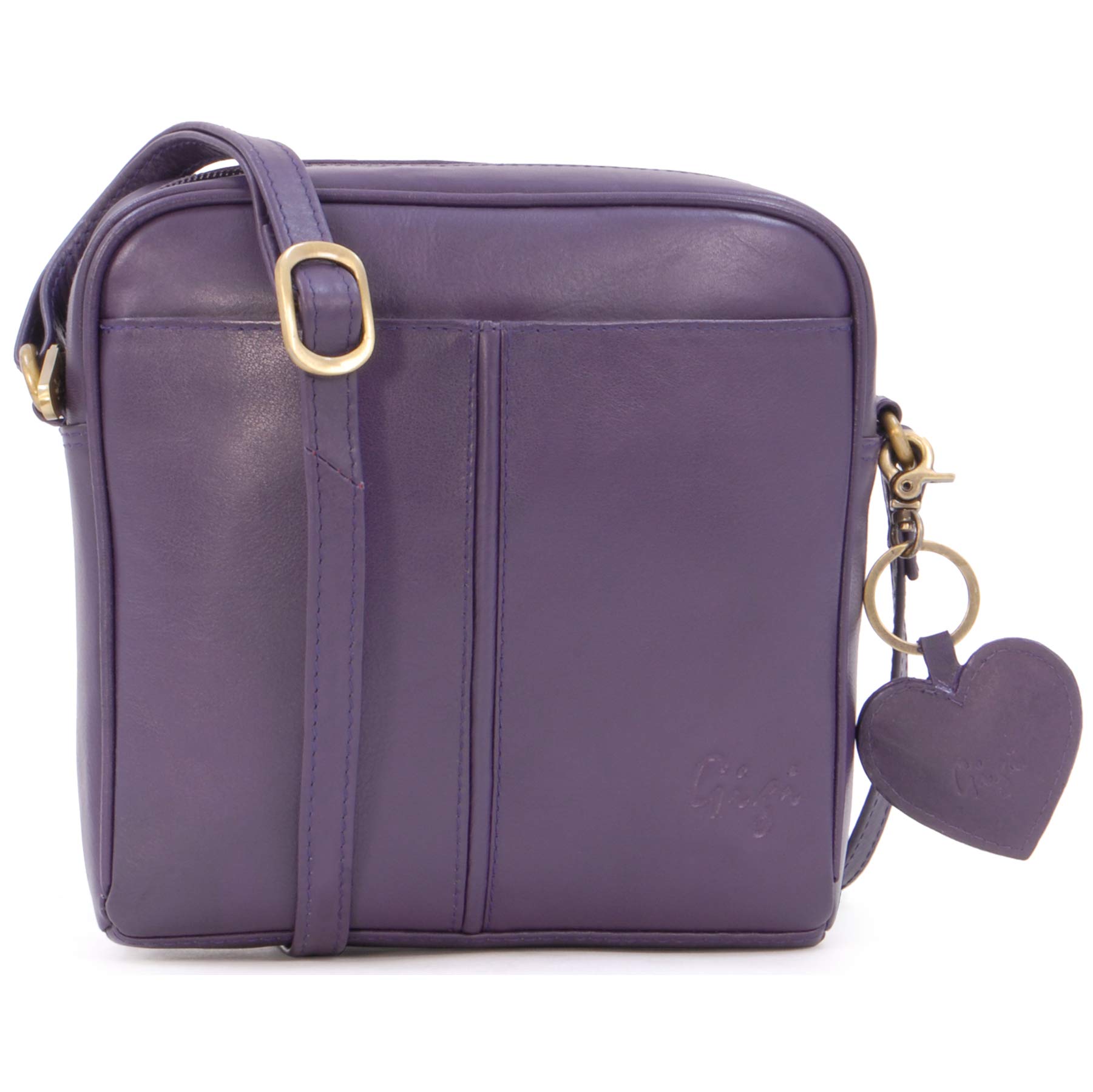 Gigi - Ladies Small Leather Crossbody Bag - Handbag With Long Adjustable Shoulder Strap - With Heart Keyring Charm - Othello 22-29 - Purple