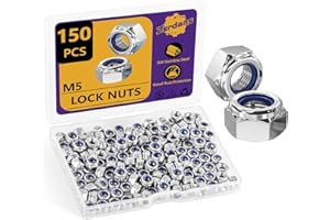 M5x0.8mm Nylon Insert Lock Nuts, 150pcs Hex Locknuts Metric (18-8) 304 Stainless Steel Self-Locking Nylon Assorted Hardware f