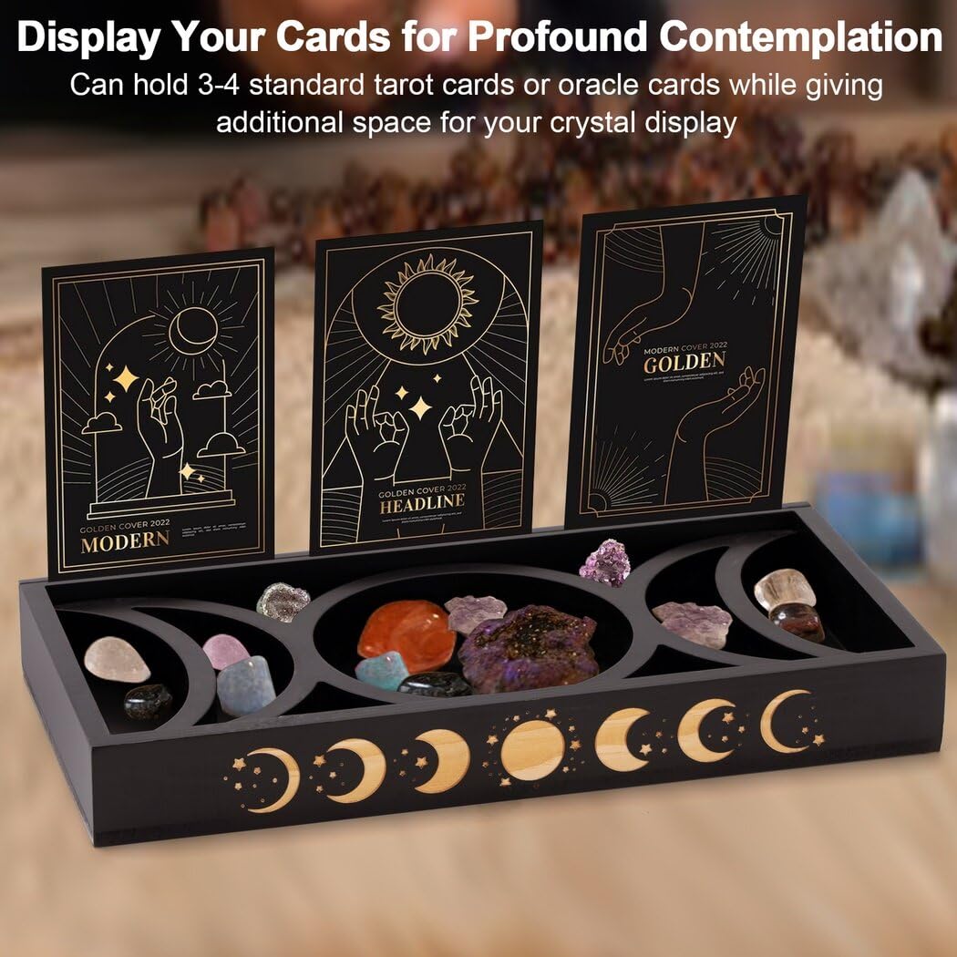 Wooden Tarot Card Holder Stand, Crystal Holder for Stones Display, Crystal Storage Organizer, Moon Tray, 3 Tarot Card Stand for Immerse Reading, Moon Phase Design Tarot Deck Display Stand Box for
