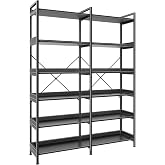 Huuger 6 Tier Bookshelf with 12 Open Shelves and Raised Baffle, Black | 47.2 Inch Straight Wide Bookcase with Metal Frame and Wooden Board, Adjustable Feet