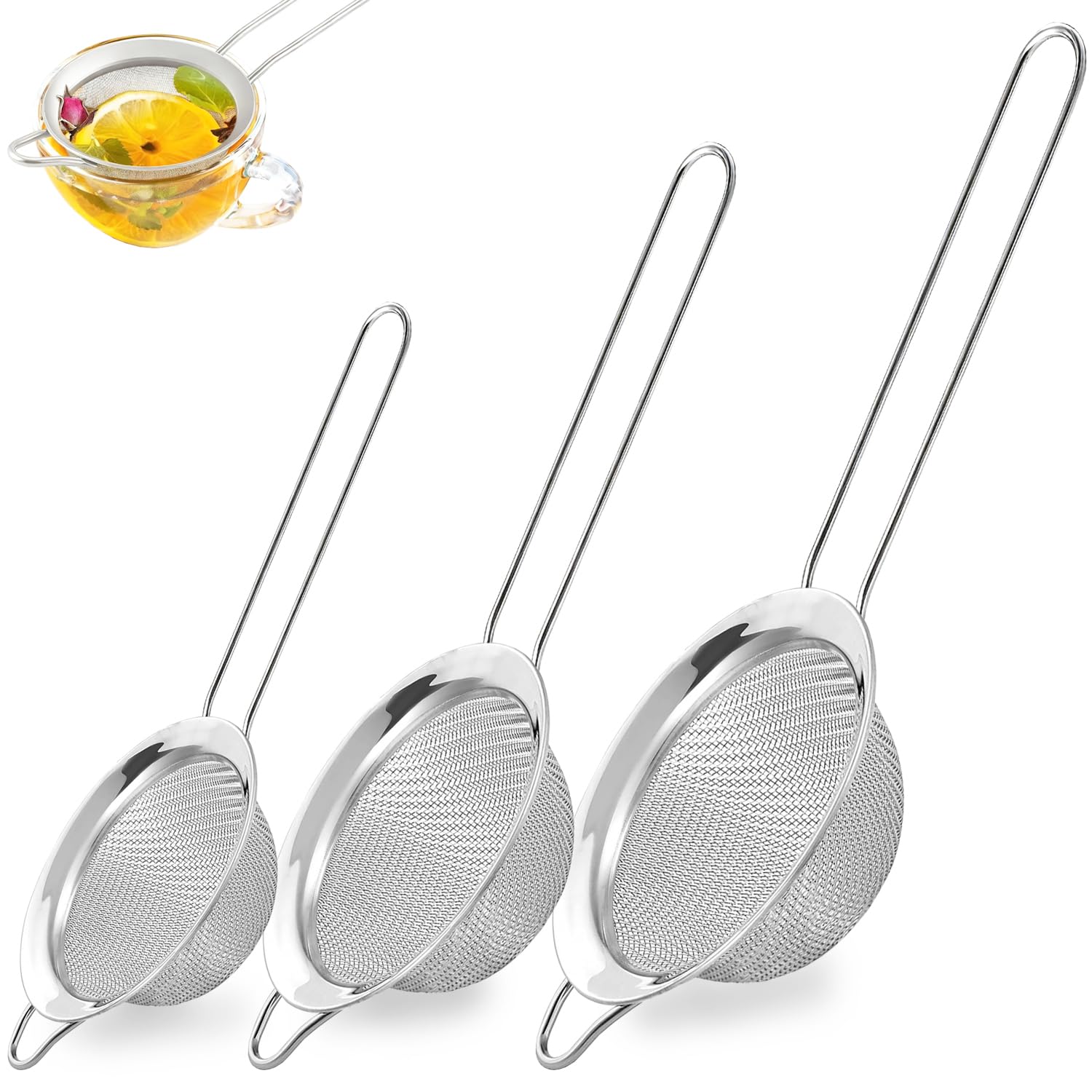 Photo 1 of 3Pcs Fine Mesh Strainer with Handle, Small Medium Large Size Sieve Strainers Set, Stainless Steel Sifter Colander for Kitchen Baking Juice Quinoa Food Flour