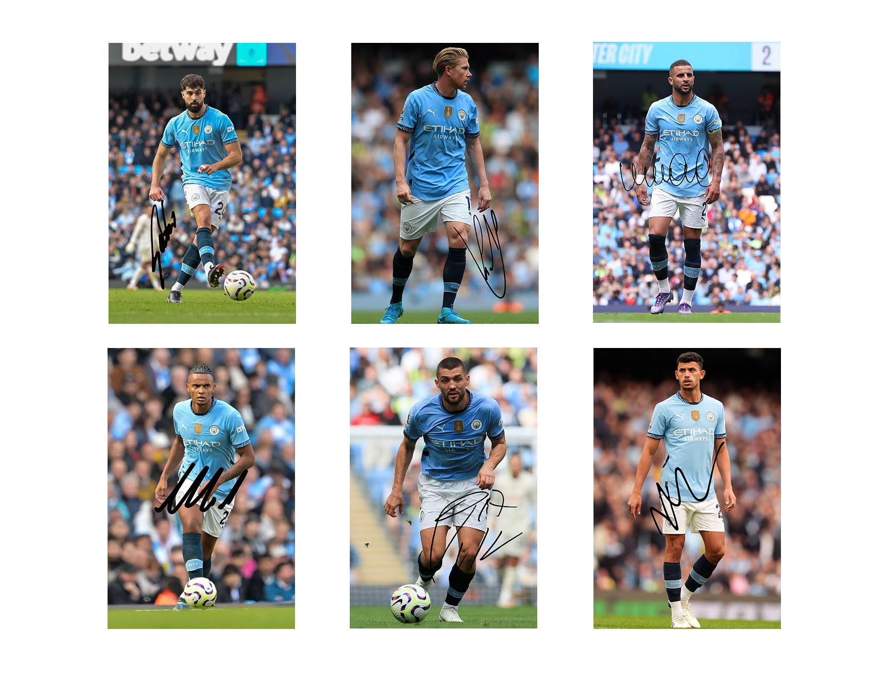 Pack of 18 Individual Manchester City 2024/5 Football Players Signed 6X4 Inch Photo Prints With Pre Printed Signatures That Would Make A Great Gift For Any Fan.