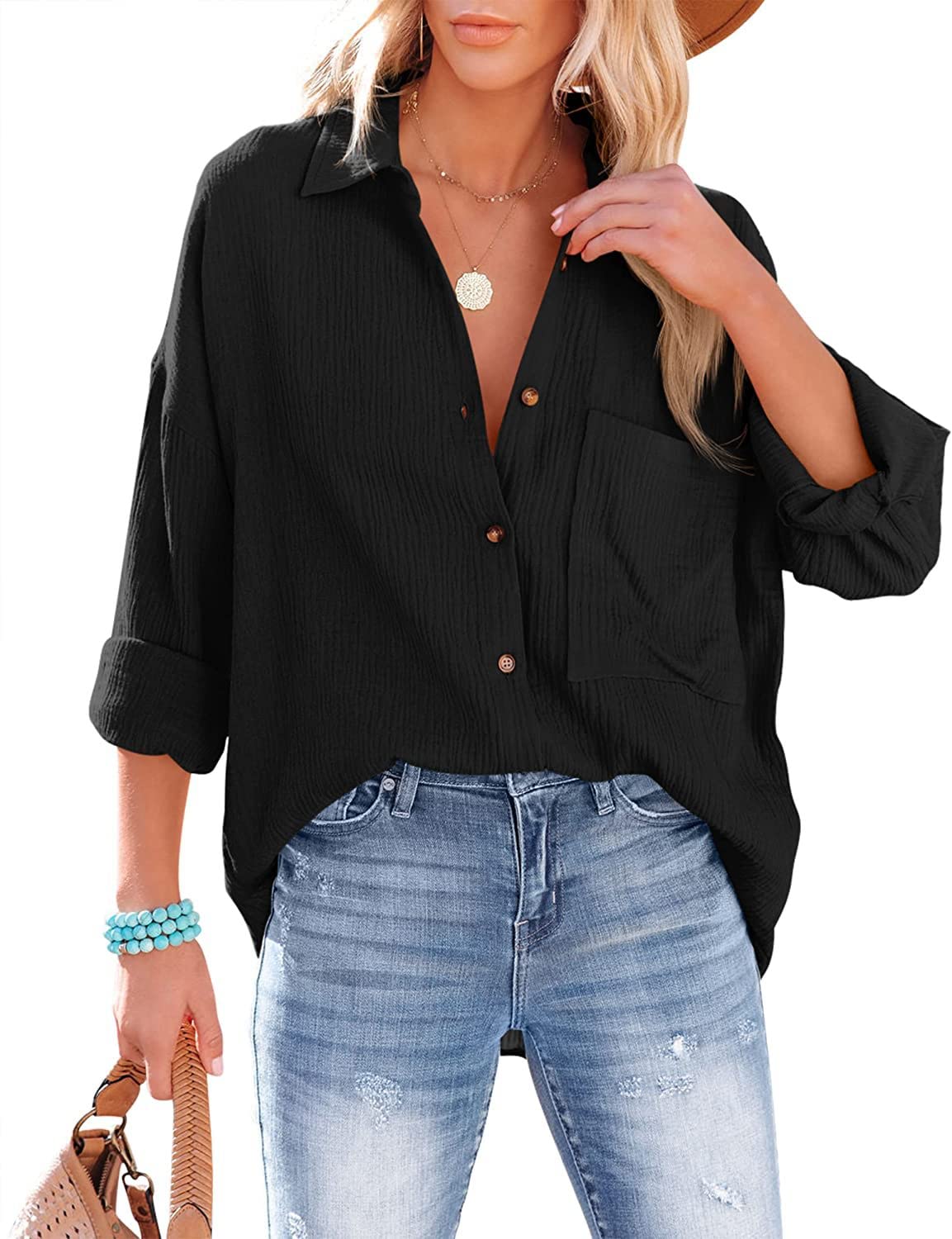 Photo 1 of Oulivey Oversized Button Down Shirts for Women Cotton Boyfriend Long Sleeve Work Blouses Tops (0001-BlackX1-XL)