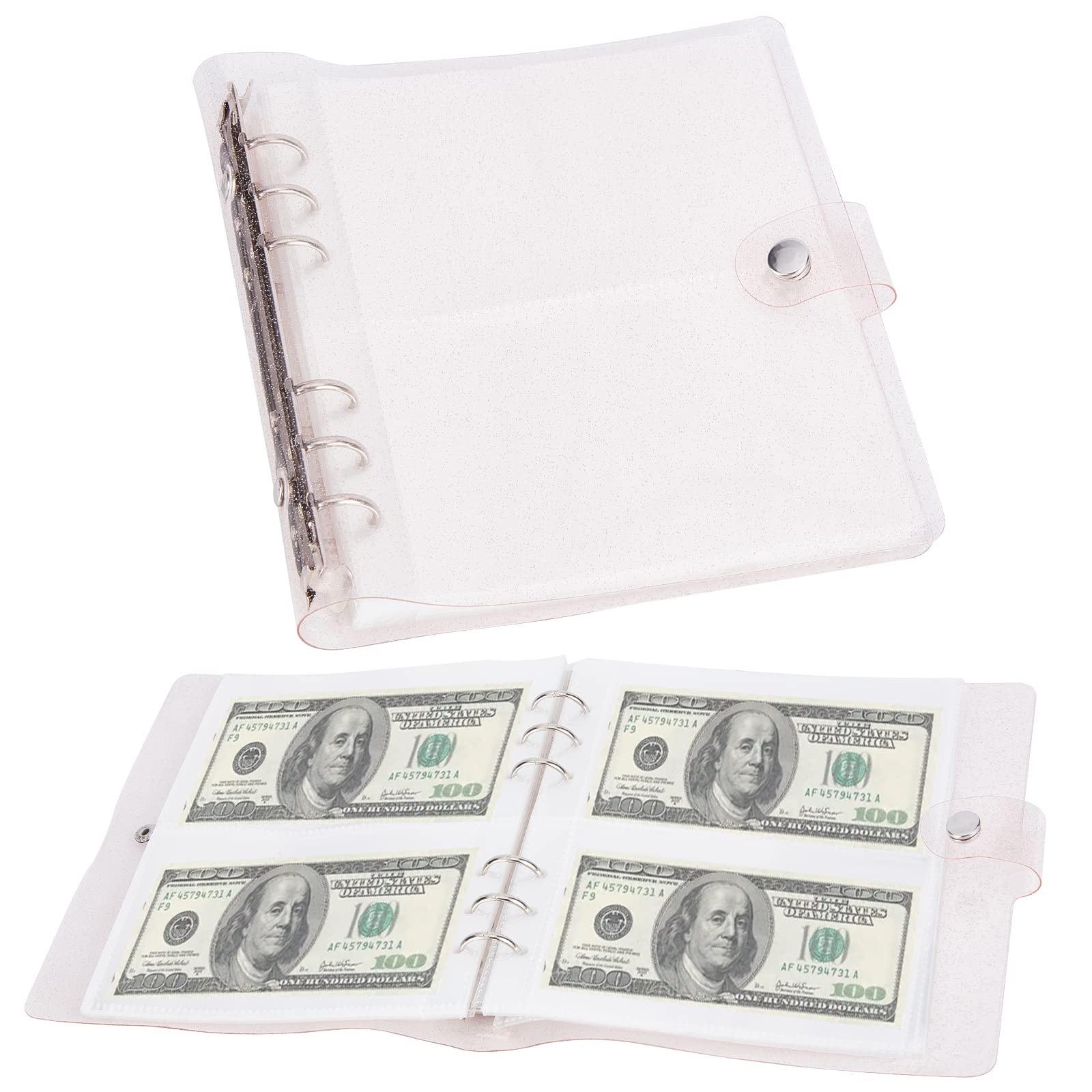 NICENEEDED Pink Dollar Bill Holders for Collectors, Portable Paper Money Sleeves Collection Album with Glitter Design, PVC Cash Currency Protector Collecting Supplies for Banknote Holder