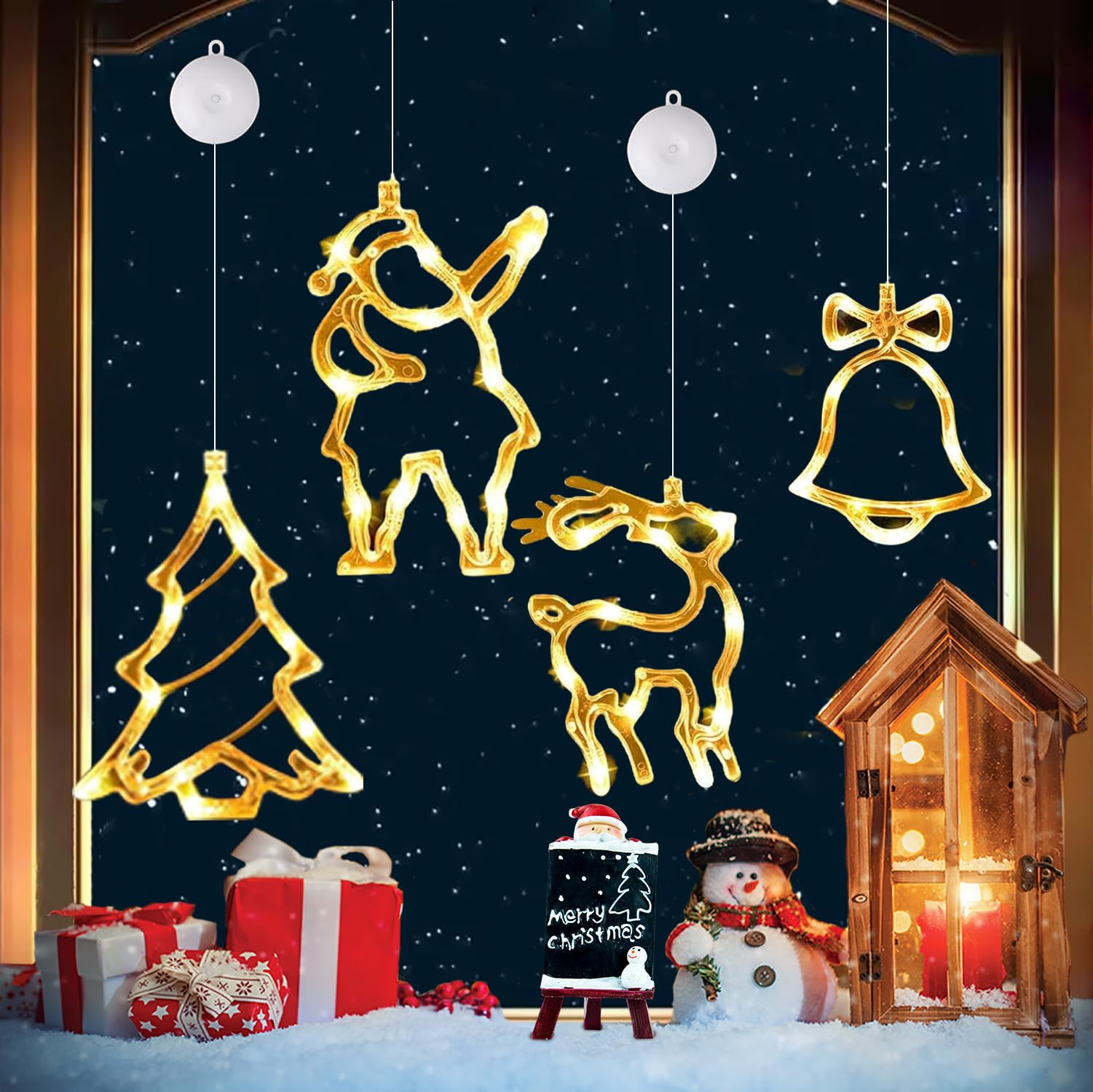 4pcs Christmas Window Decorations Hanging Christmas Lights for Windows Led Warm White Window Lights Battery Powered with Suction Cup,Timer, Reindeer Bells Santa Tree for Christmas Party Decorations