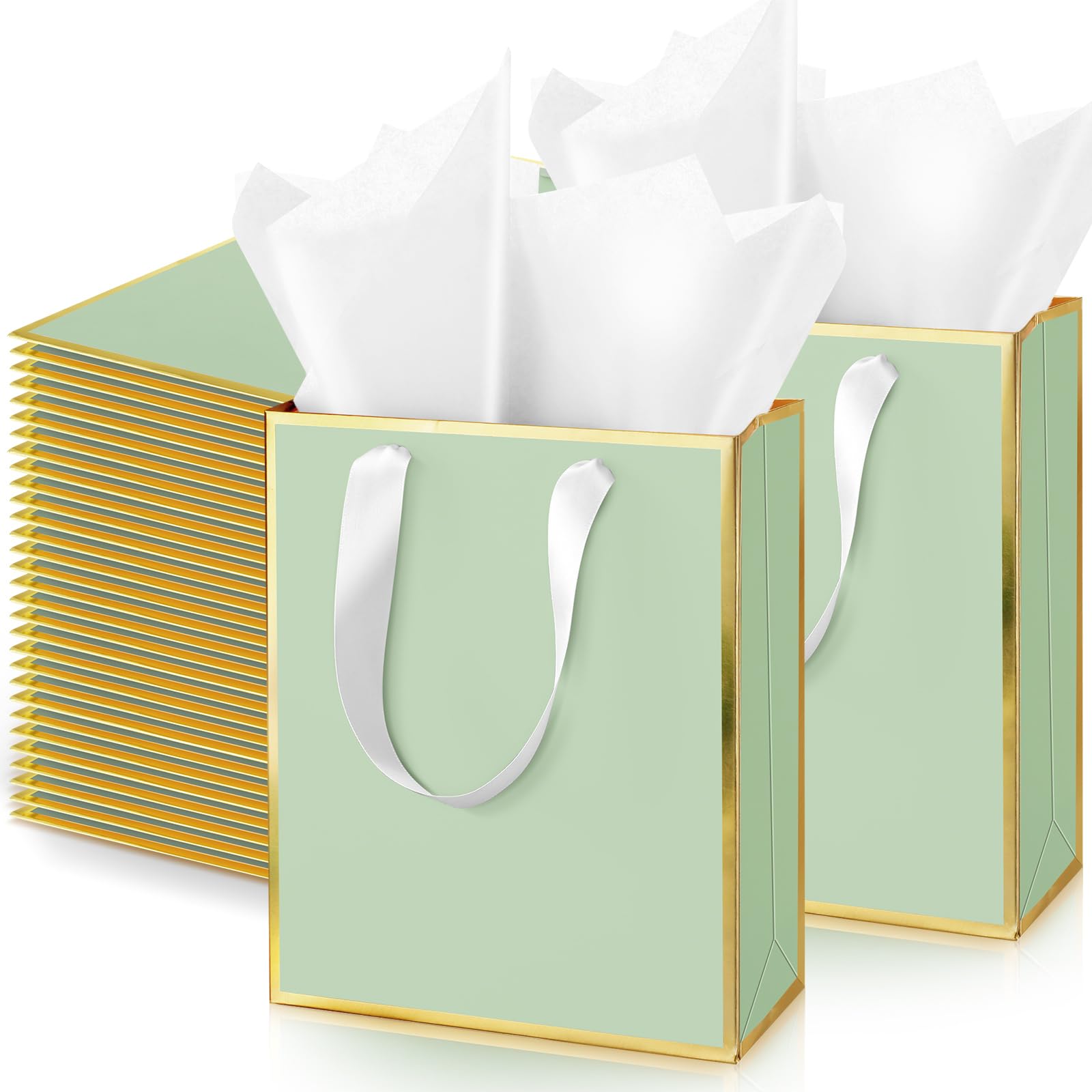 Photo 1 of Yeaqee 50 Pack Metallic Gift Bags with Handle and Tissue Paper Gold Foil Welcome Bag for Wedding Guest Fall Party Hotel Guest 5 Senses Gifts Birthday Baby Shower Holiday 9x7x3.15''(Sage Green)