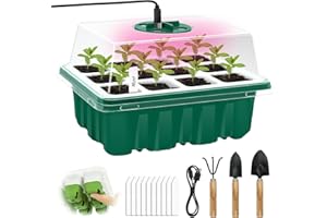 GRJYLS Starter Tray with Grow Light, 12 Flexible Pop-Out Cells, Silicone Bottom, Reusable Seed Starter Trays with Moisture Dome, Garden Tools,Labels, for Greenhouse & Garden (Green)