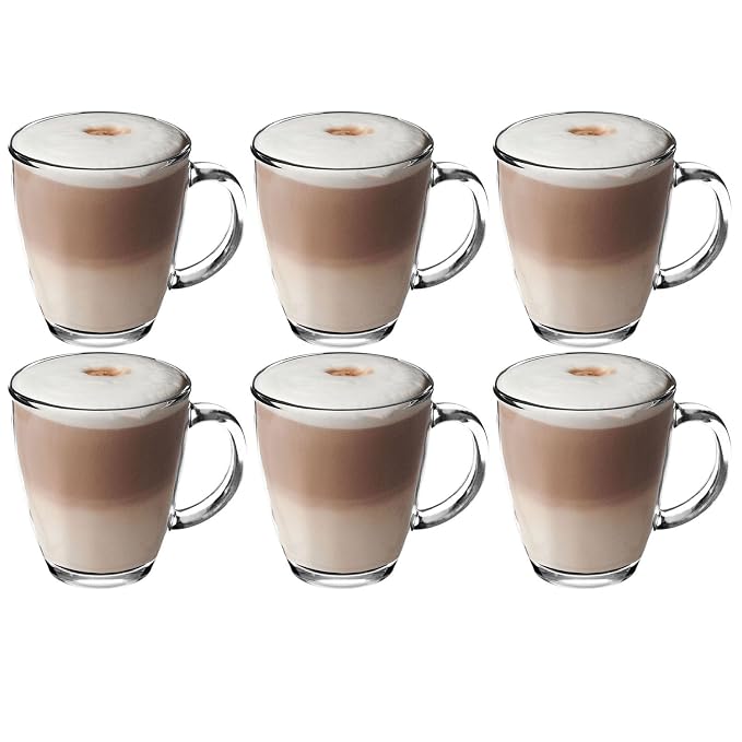 6 Vasos De Vidrio Para Leche O Capuchino – 240 Ml – Con Cucharillas – Aptos Para Lavavajillas – Marca FUSION