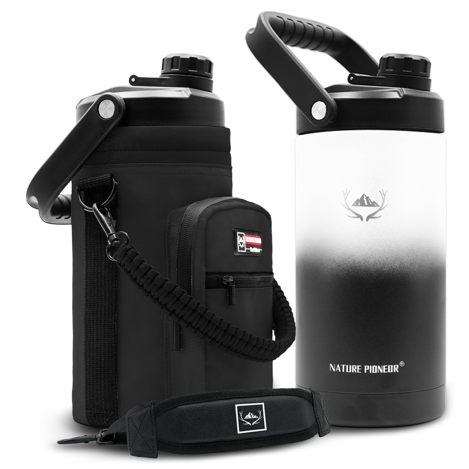 NATURE PIONEOR 64 oz Insulated Water Bottle - Double Vacuum Stainless Steel Half Gallon Water Jug with Holder/Carrier, Wide Mouth, Outdoor Sports, Hiking, Camping, Gym Image