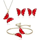Crysdue Sparkling Cubic Zirconia Butterfly Necklace Stud Earrings Adjustable Slider Bracelet Jewelry Set, Birthday/Valentines/Mothers Day/Christmas Jewellery Gift for Women