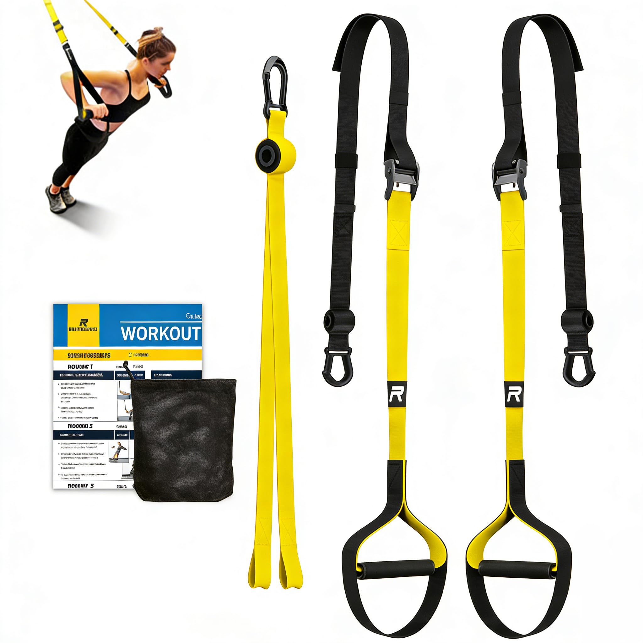 RHINOSPORT Sling Trainer - Full Body Training, Strength & Home Workout, Bodyweight Resistance Fitness Home Gym Equipment - Indoor/Outdoor (Yellow)