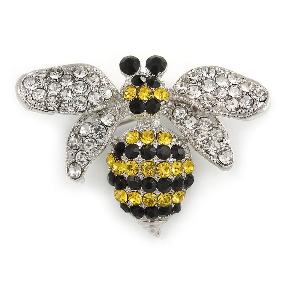 Small Clear/Black/Yellow Crystal Bee Brooch In Silver Tone Metal - 35mm Across