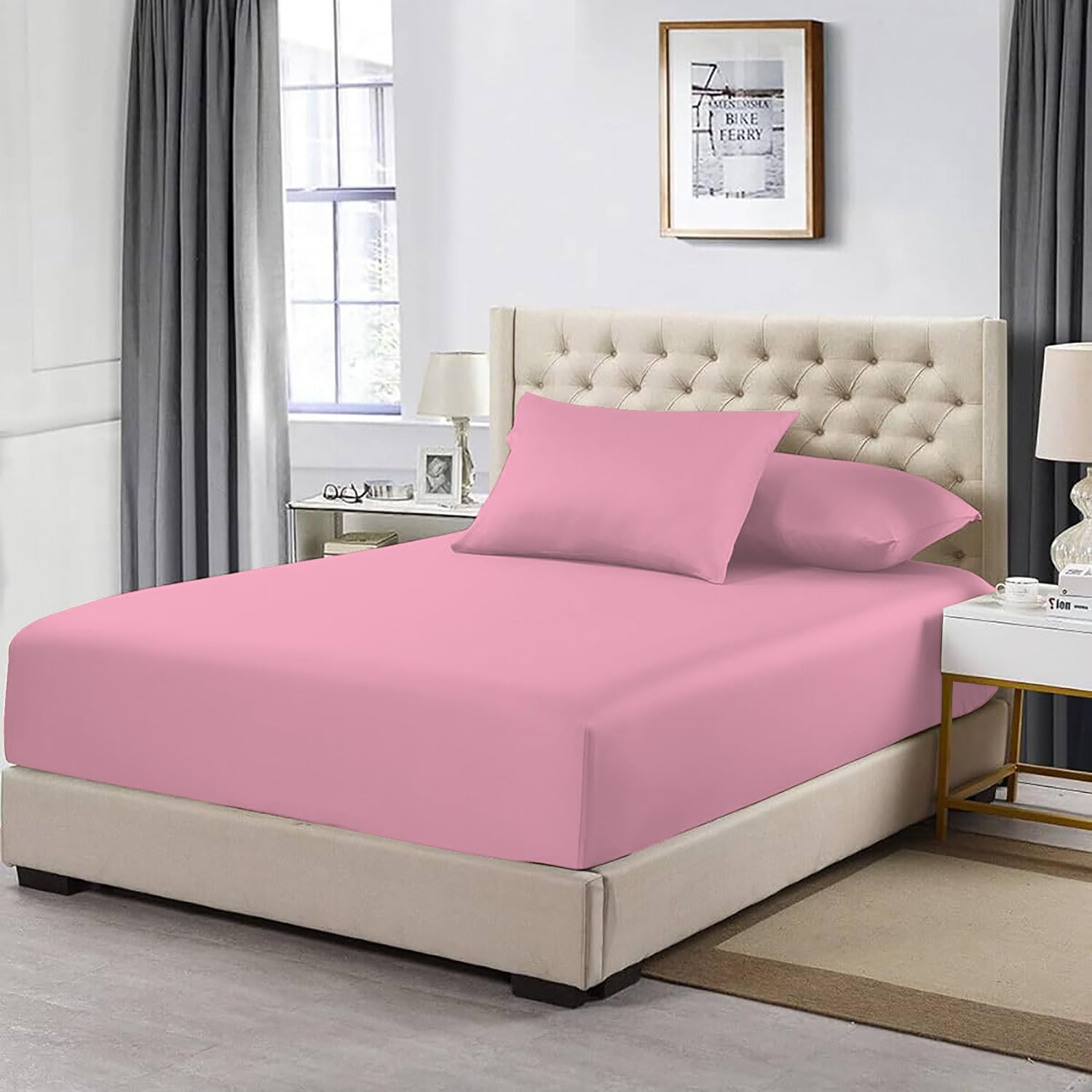 MistyMorning Extra Deep Fitted Sheet 16''/40cm, Egyptian Cotton bed sheets with 200 Thread Count, Soft & Premium quality Bedding & Linen (Pink, King)