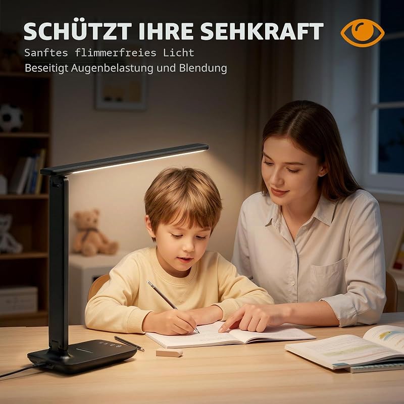 Schreibtischlampe LED, Tischlampe Dimmbar, Eye Caring Foldable, Desk Lamp mit 5 Helligkeitsstufen, Tischlampemit USB Ladeanschluss Touch Steuerung für Kinder, Schlafzimmer, Lektüre, Büros (Schwarz)