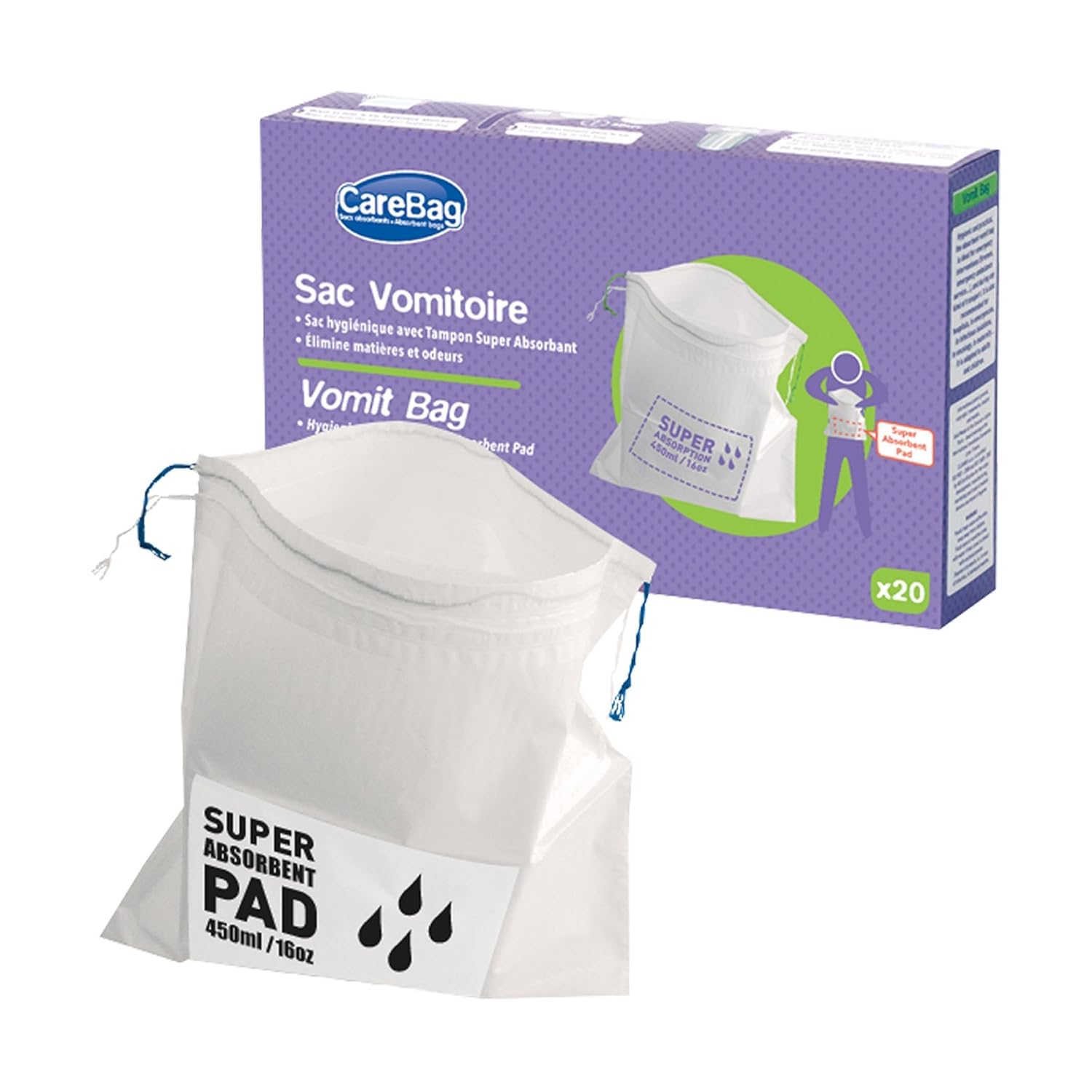Carebag Medical Grade Vomit Bag with Super Absorbent Pad